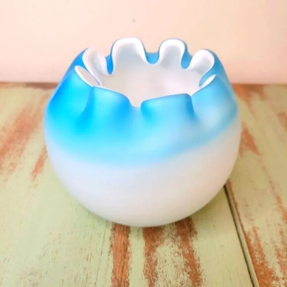 Fenton Blue Satin Glass Crimmped Ruffle Edge MCM Art Glass Bowl